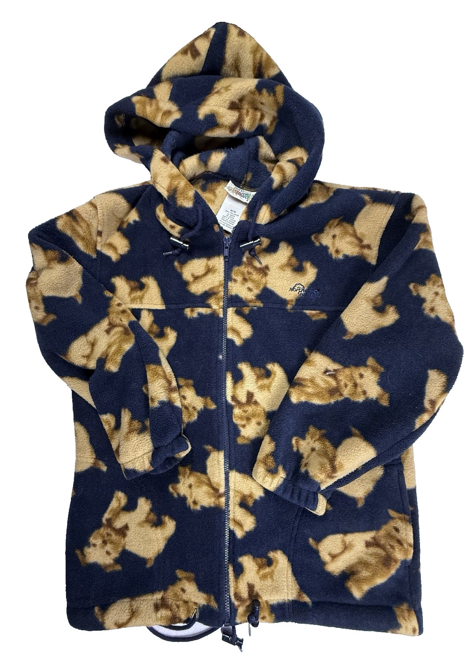 Vtg Northern Getaway Fleece Jacket Med Puppies Hooded Navy Blue Kidcore Cabin co
